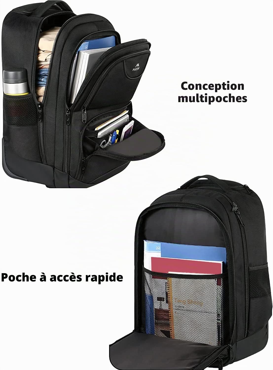 MATEIN Sac de Voyage à Roulettes, Grand Sac dos Roulette Sac à Dos Ordinateur Portable Femme, 18 Pouces Mallettes à Roulettes pour Ordinateur Portable Mallettes Pilote pour Homme Loisirs Affaire, Noir