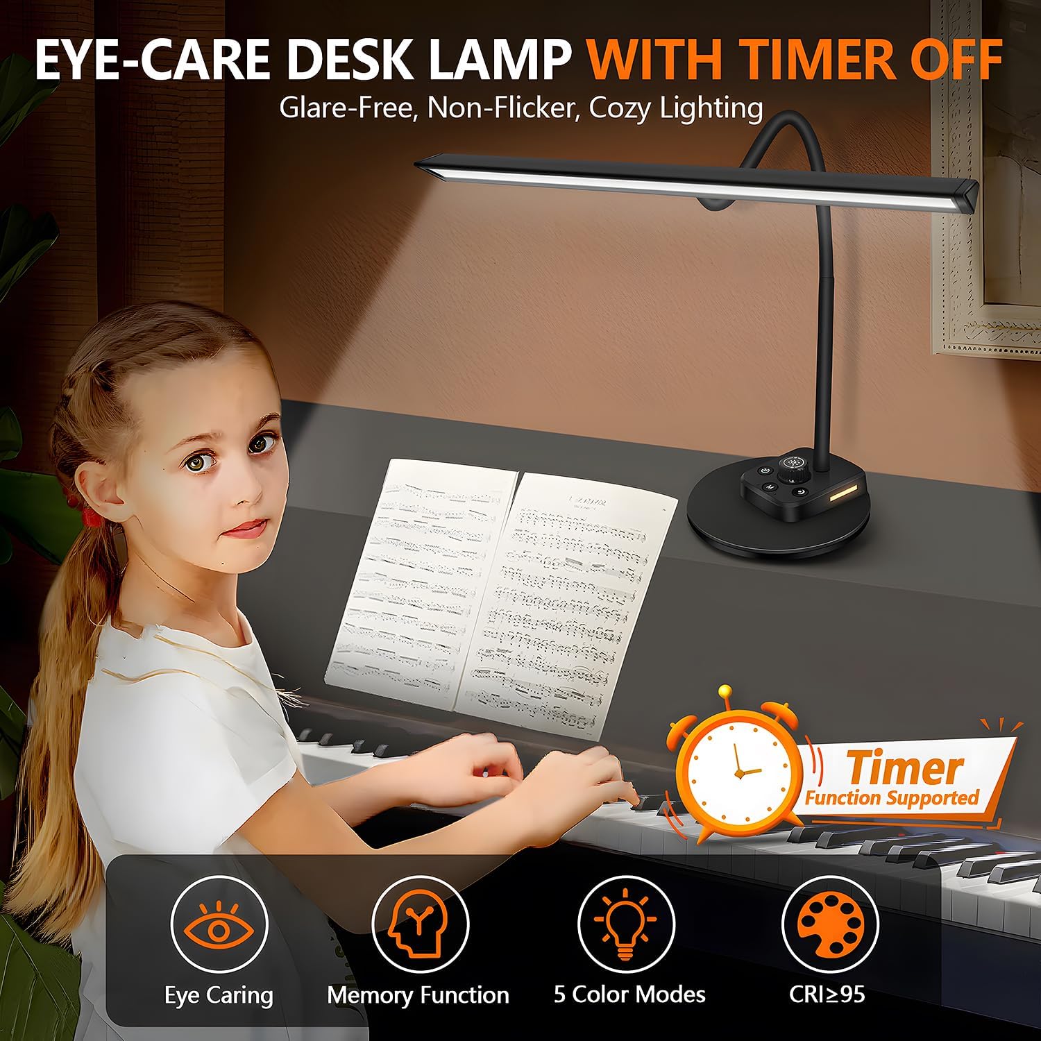 Luz de piano, lámpara LED regulable con 5 modos de luz, puerto de carga USB, temporizador de apagado automático, diseño de cuello de cisne ajustable para pianos grandes y verticales