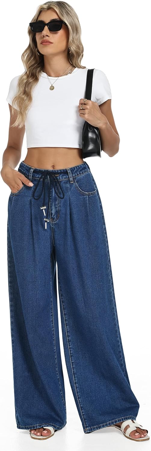 Women's Drawstring Elastic Waist Jeans Wide Leg High Waisted Baggy Straight Leg Jeans Pants with Pockets - Image 5