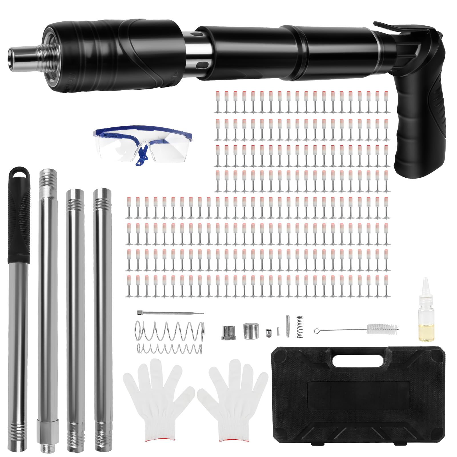 Pistolet à clous manuel avec 200 clous, appareil de fixation de boulons réglable à 5 vitesses pour acier et béton, portable et silencieux avec kit de protection (gants, lunettes de protection
