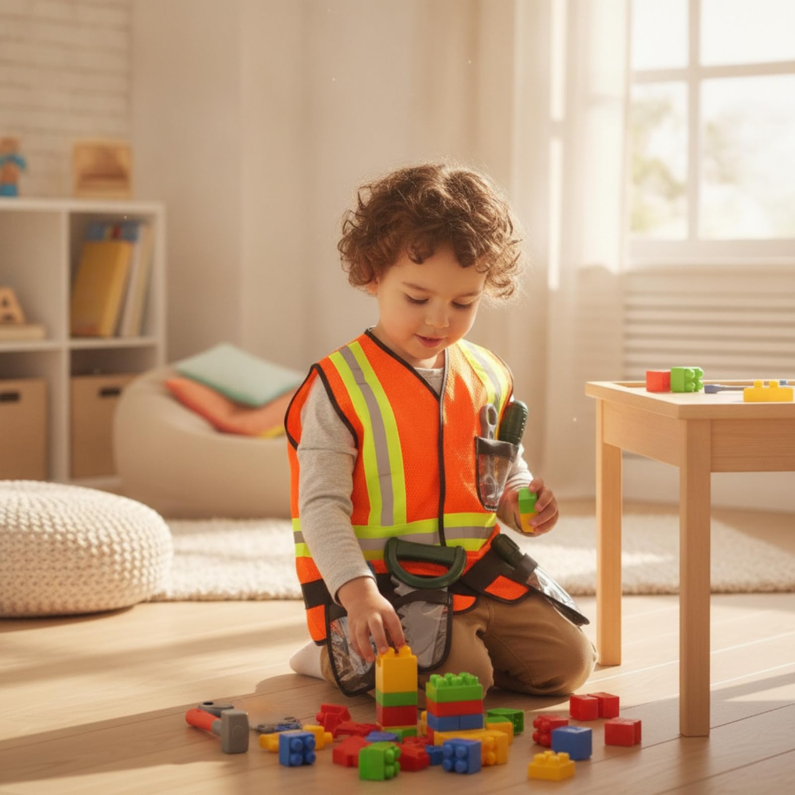 Harilla Disfraz de Constructor para Niños Juego de rol de Construcción Chaleco con Bolsillos Malla Transpirable y Tiras Reflectantes Adecuado para Juegos de