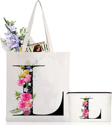 Initial Canvas Tote Bag Floral Letter Personalized Makeup...