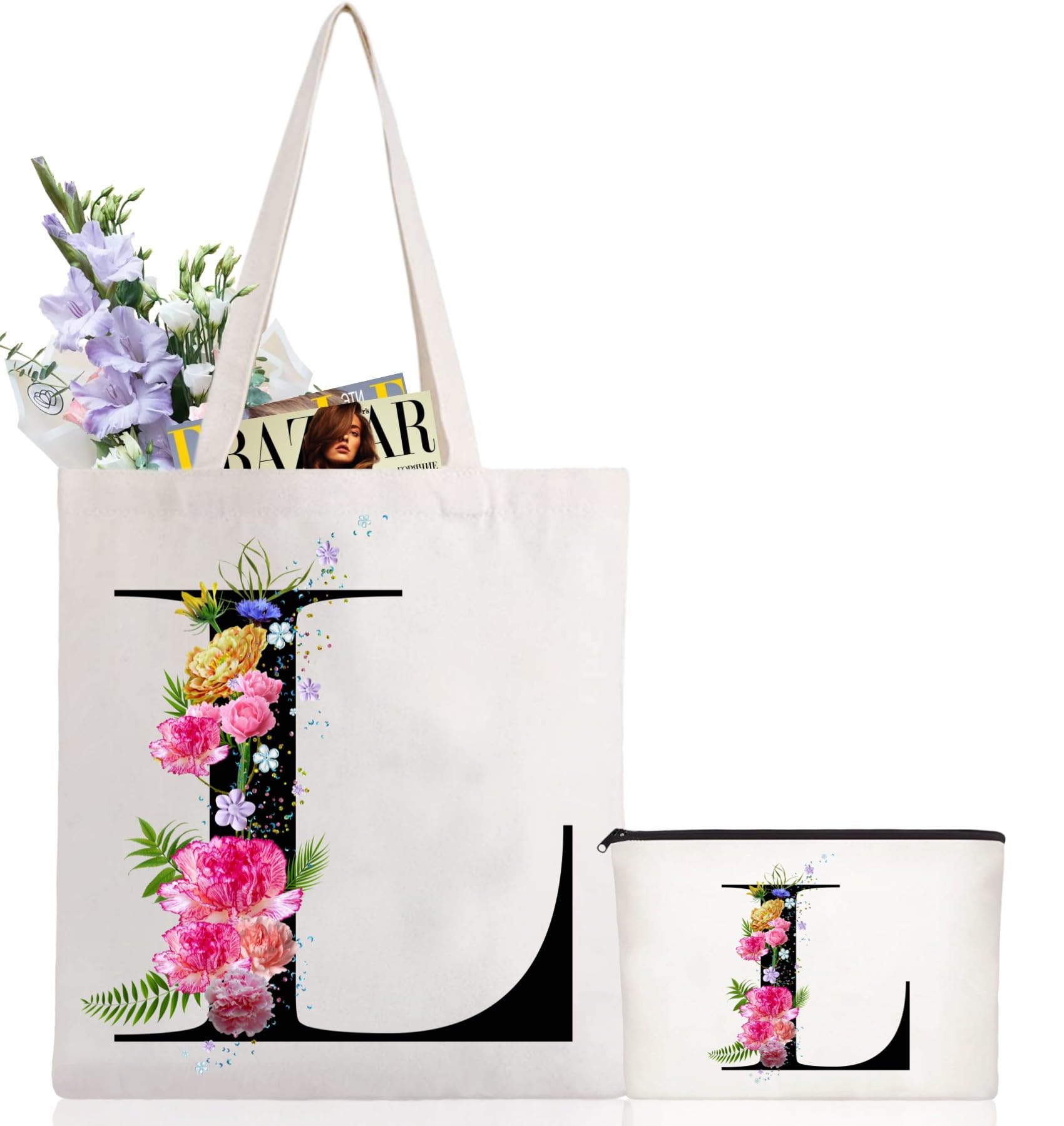 Andeiltech Initial Canvas Tote Bag Floral Letter Personalized Makeup Bag Monogrammed Gift for Bridesmaids Birthday Wedding