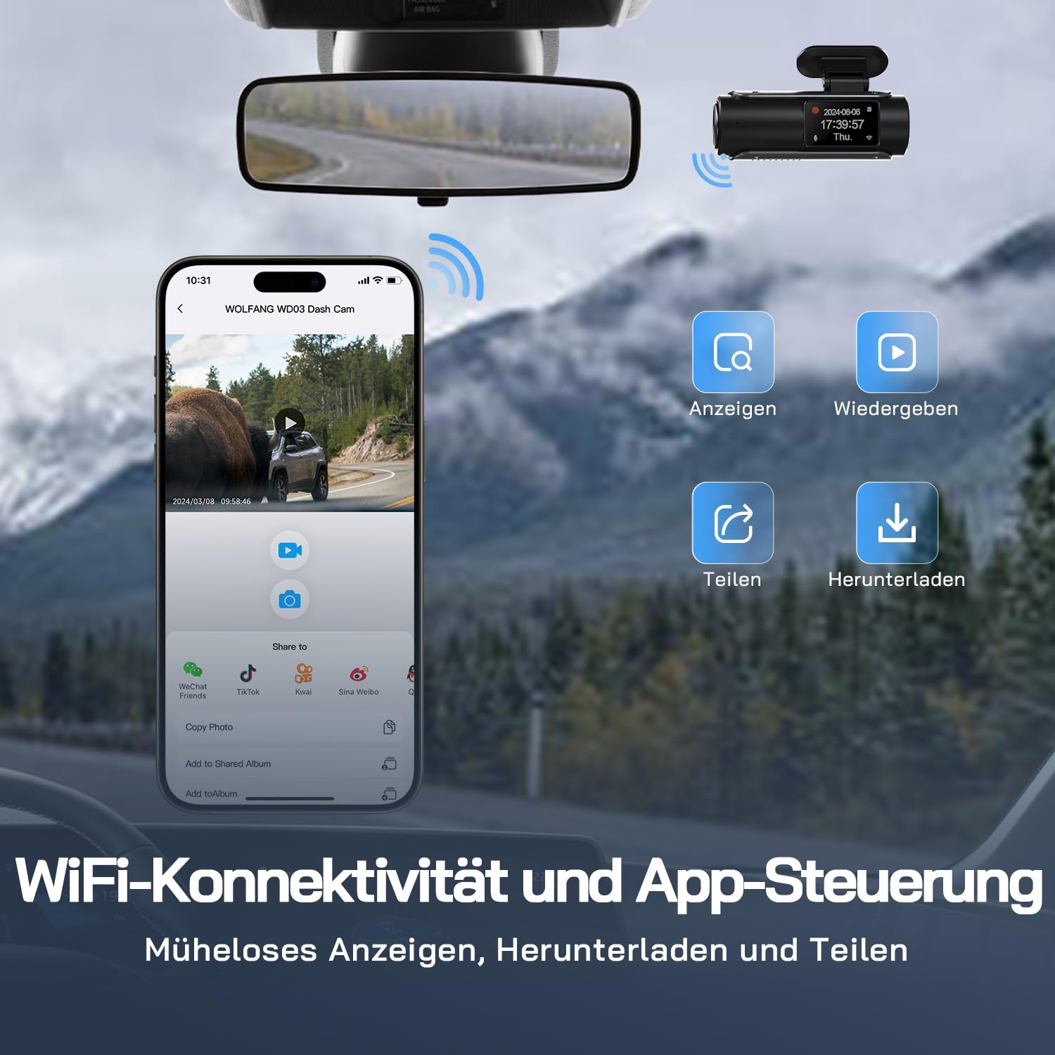 WOLFANG Dashcam 4K+1080P Wi-Fi Dual Auto Kamera Ultra-Nachtsicht 70° Weitwinkel WDR 24 Std. Parkmodus G-Sensor Loop-Aufnahme