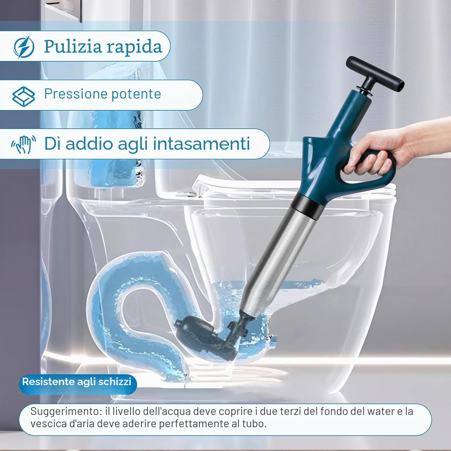 Pompa Stura scarichi a Pressione Stantuffo per WC Sturalavandini a Pressione Sturatubi ad Aria Compressa 4 in 1 Stura WC per Disintasare WC/Lavello/Doccia/Lavandini/Scarico
