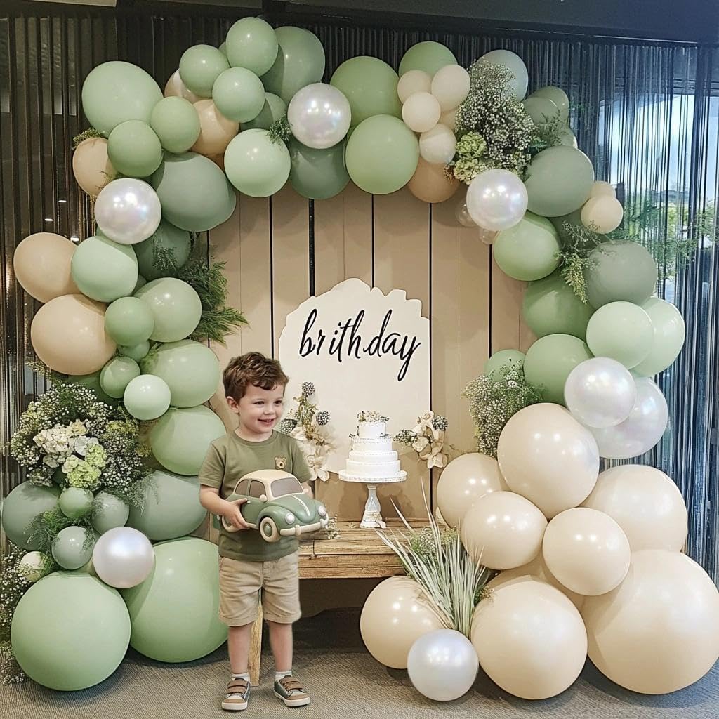 Dusty Green White Balloon Arch Double Stuffed Light Sage Green White Sand Pearl Balloon Garland Kit Olive Beige Cream Balloons for Baby Shower Birthday Bridal Wedding Woodland Wild One Party Decor