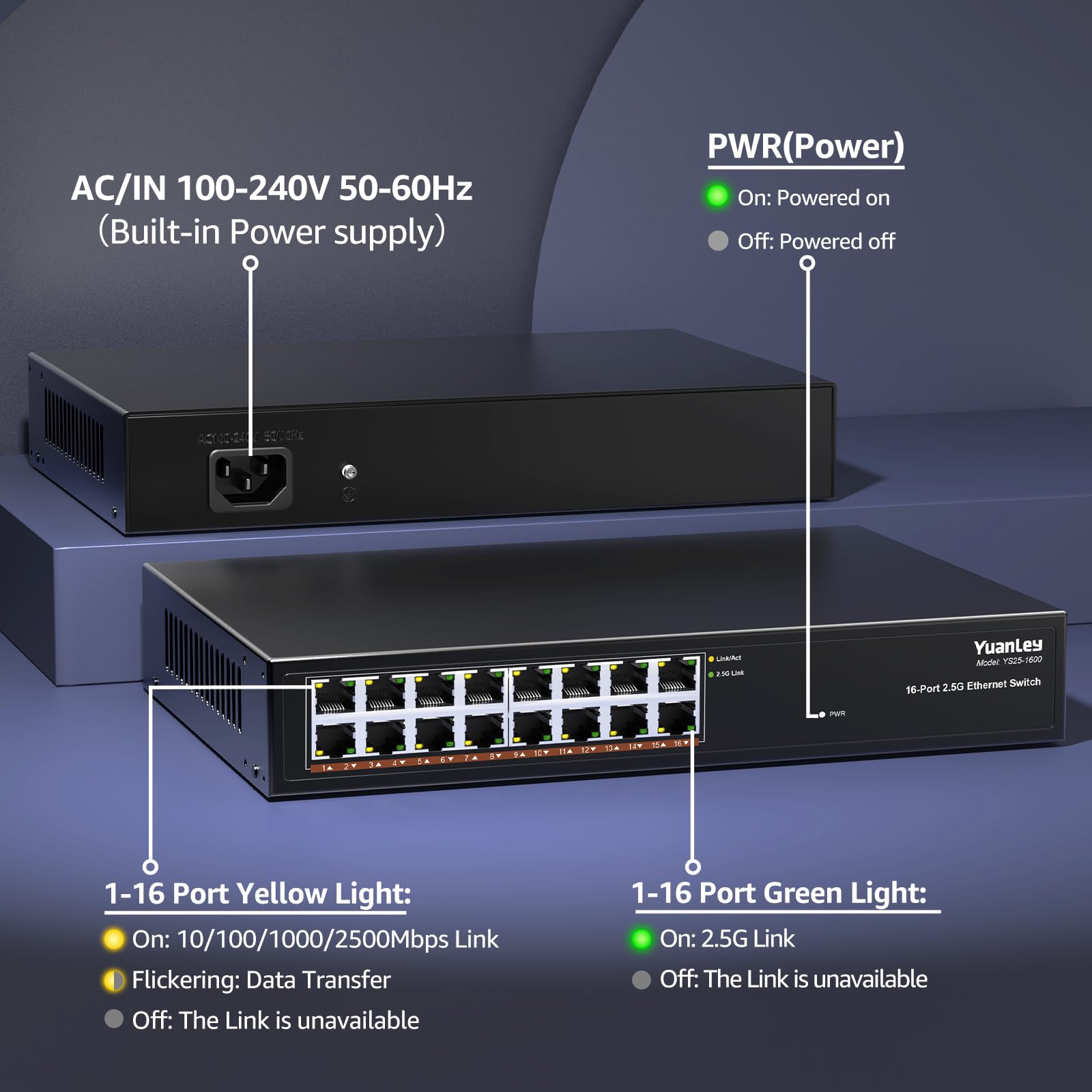 Switch Ethernet non Gestito YuanLey a 16 Porte 2,5GB, 16 Porte 2,5G Base-T, Compatibile con 100/1000/2500Mbps, Struttura in Metallo, Switch di Rete 2,5 Gigabit YuanLey per AP Wireless, PC