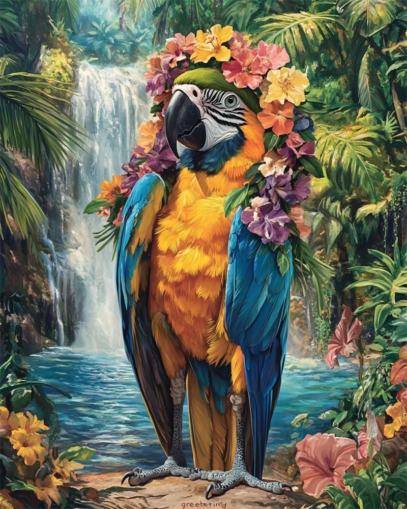 Henypt Cross Stitch Kits Parrot Wearing A Flower Wreath with for Adults Pre Printed, DIY 11 Count Embroidery Sewing Starter Kit Stamped Needlework Easy Beginners (Stamped)