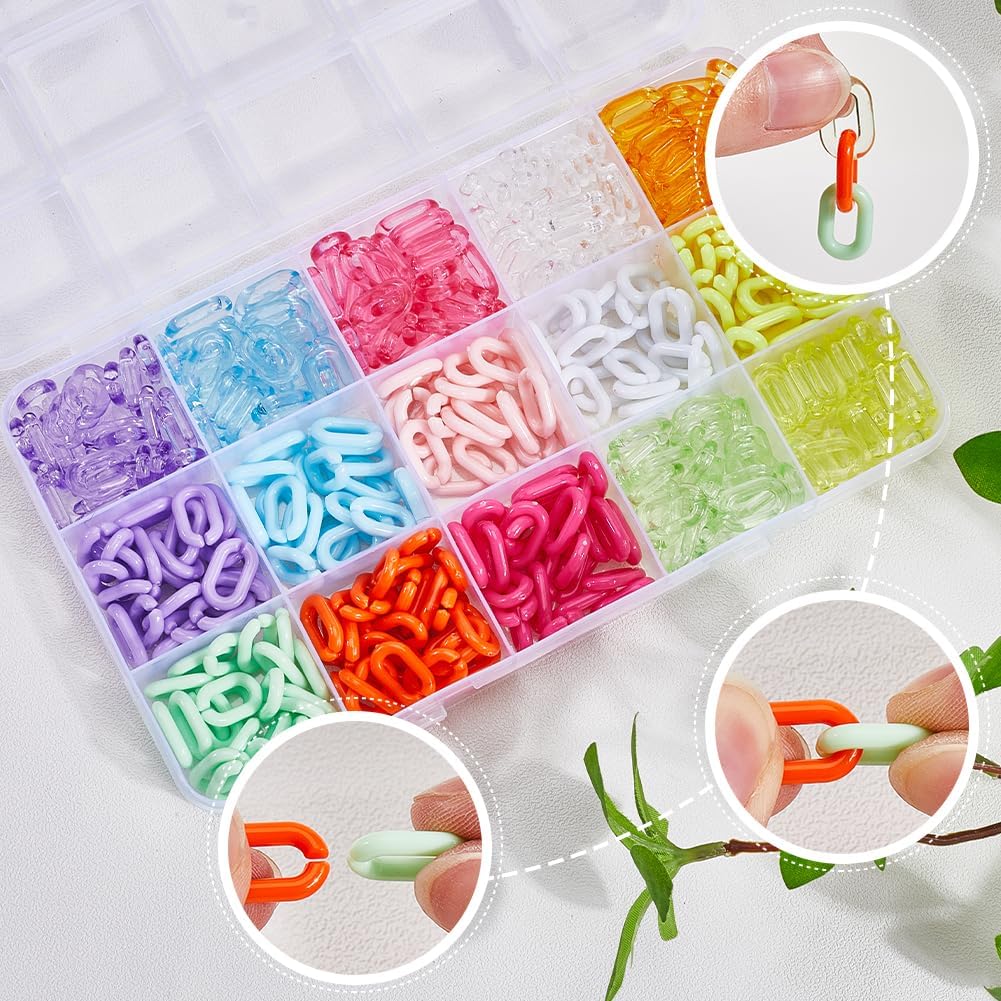 480Pcs 15 Colors Acrylic Link Chain Linking Rings Jewelry Oval Colorful Rainbow Opaque Transparent Cable Curb Open Quick Link Connectors for Jewelry Making Necklace Chains Purse DIY Crafts