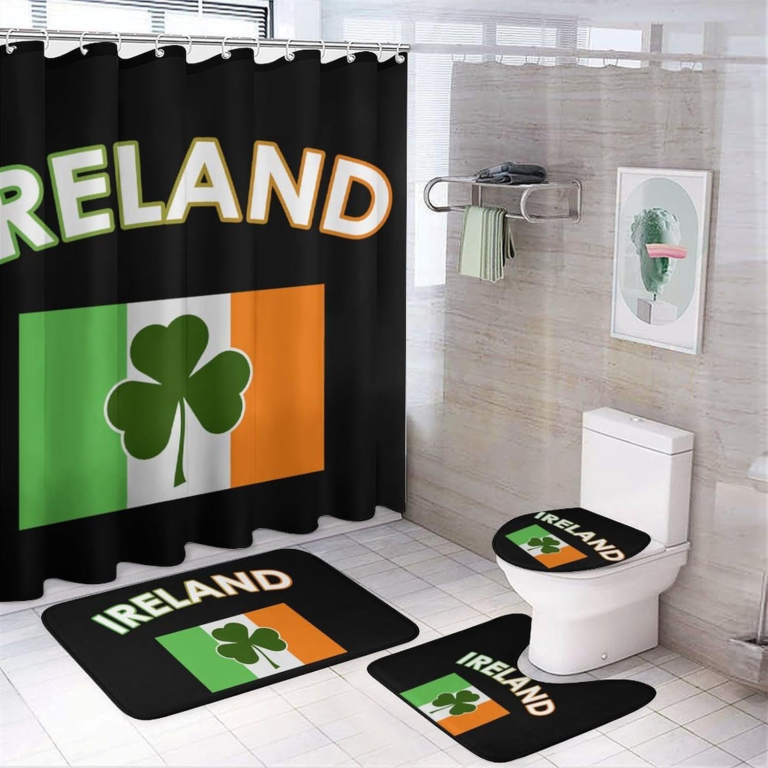 Ireland Irish Flag Green Stpatrick's Day Bathroom Set with Shower Curtain Rugs Toilet Lid Cover and Floor Mats 4 Piece