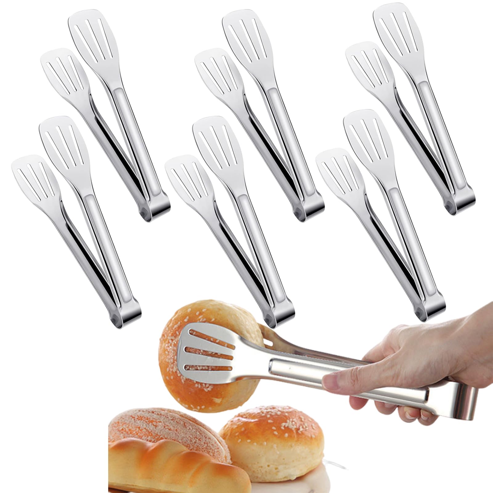 6 pcs Tongs Kitchen, 7inch Serving Tongs, Filter Out The Water and Oil, for Pasta Salad, BBQ, Cake Home Party, 3 Lines Gap Design, Easy Grip Non Stick