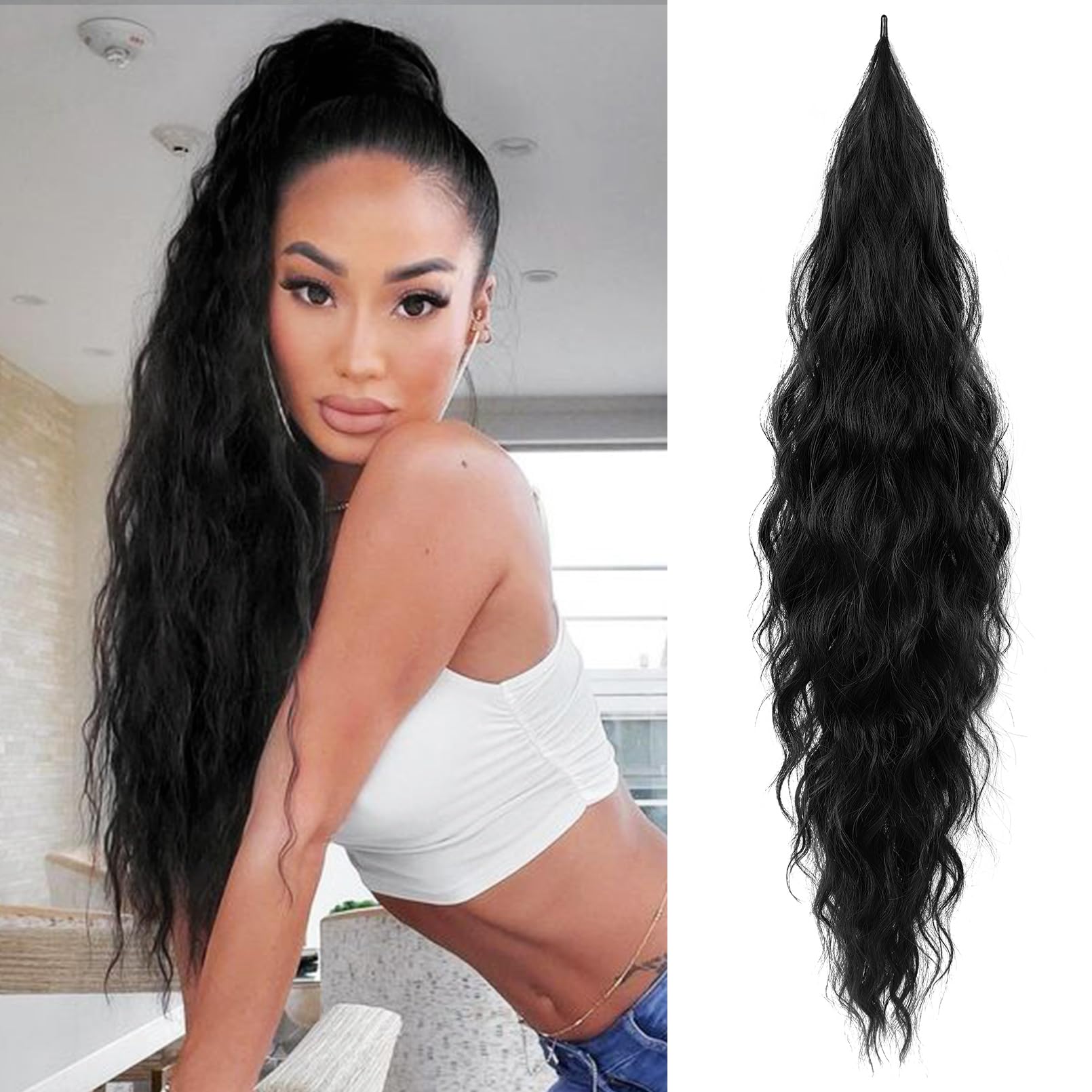 Flufymooz Ponytail Extension, Flexible Wrap Around Ponytail Extension Long Wavy Curly Ponytail Hair Extensions Natural pony tail Synthetic Hairpiece for Women 32 Inch (Natural Black)