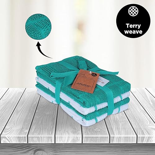 Miniatura 8 de AMOUR INFINI Paquete de 4 toallas de cocina absorbentes, de secado rápido, de algodón de rizo de alta calidad con lazo para colgar, 16 x 28