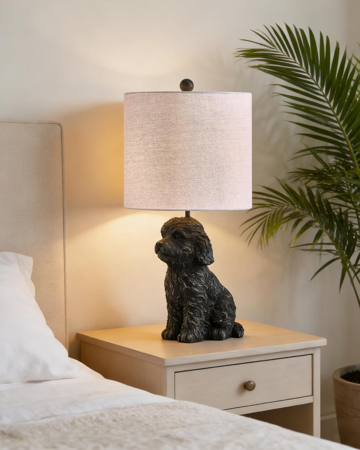 Crestview Collection 24" Bronze Doodle Dog Table Lamp, Resin Desk Lamp with Linen Shade,Cute Bedside Lamp for Bedroom,Nightstand Lamps for Living Room,Unique Aesthetic Home Room Decor Gifts