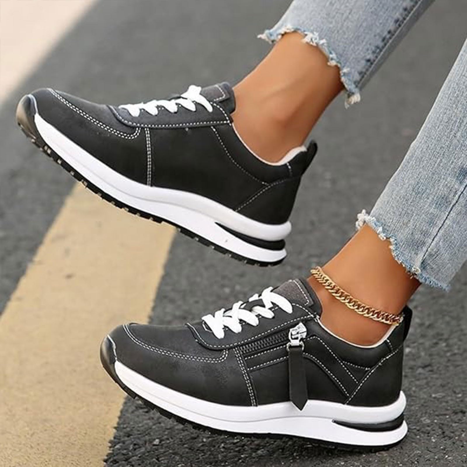 Generisch Baskets avec fermeture éclair pour femme - Chaussures de sport confortables - Chaussures de tennis orthopédiques douces et légères - Antidérapantes