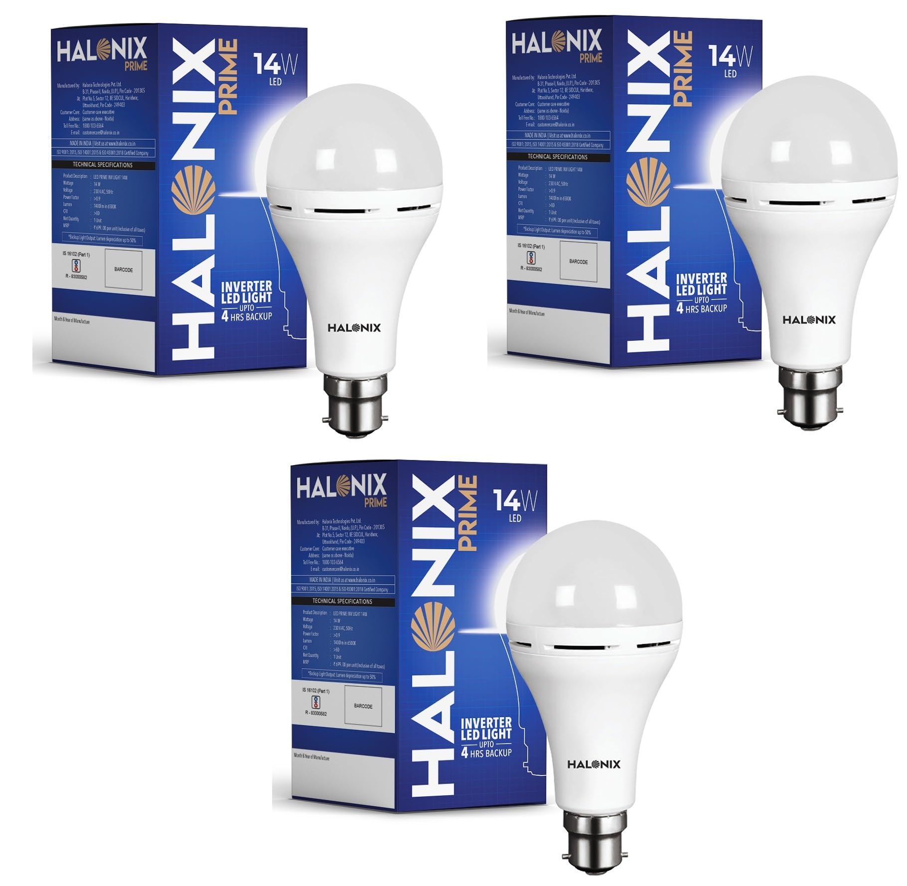 Halonix 14W Emergency Bulb | Rechargeable For Power Cuts Backup : 4Hrs Cool Day Light Pack Of 3 Light, B22D, Led