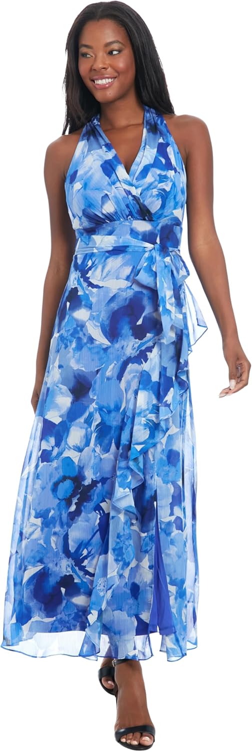 London Times Womens V-Neck Waist Tie Ruffle Cascade Dress for Women | Wedding Guest Dresses for Women - Image 5