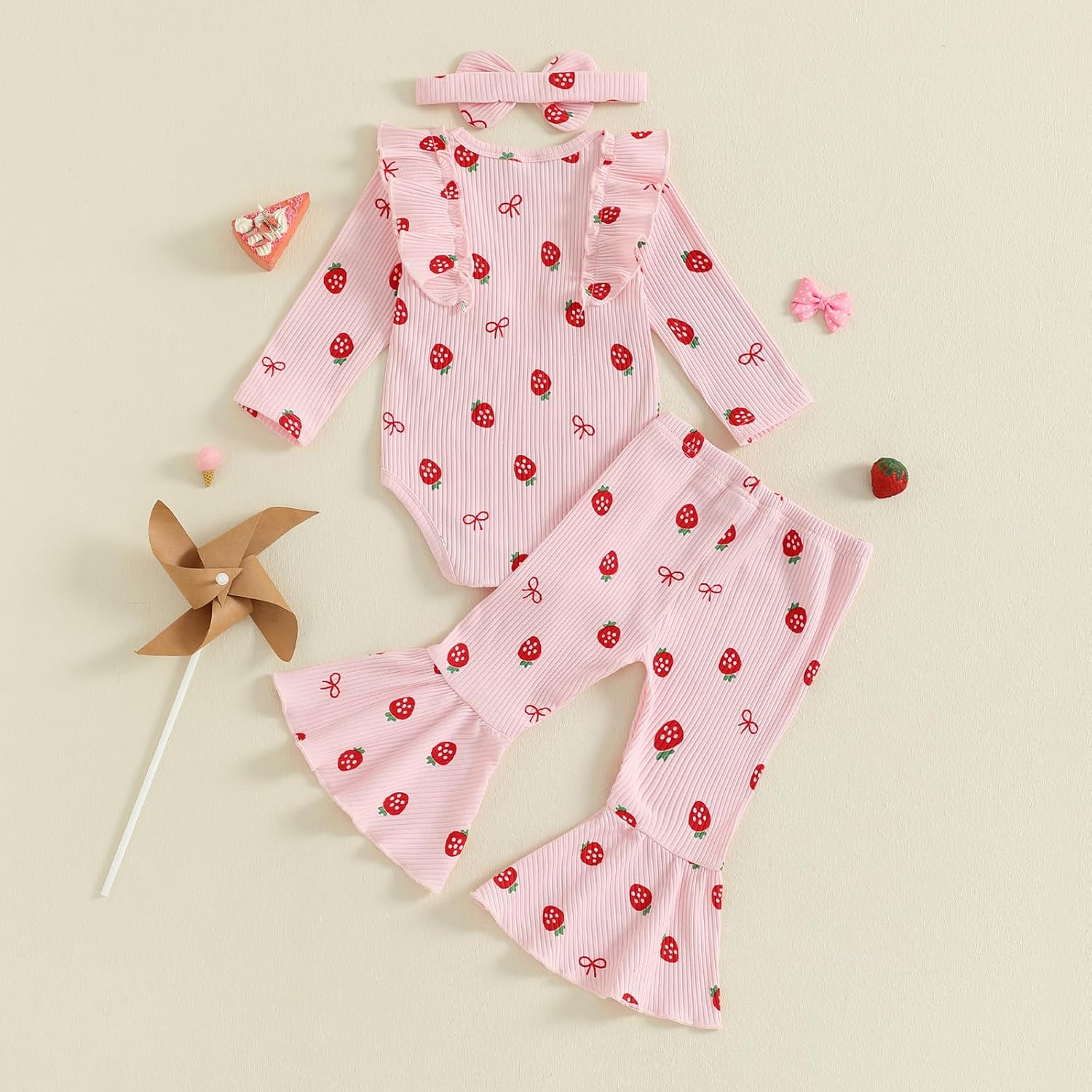 Emmababy Strawberry Outfit Baby Girl Strawberry Romper Long Sleeve Bell Bottom Pants Set Infant Birthday Outfit Fall Clothes - Image 4