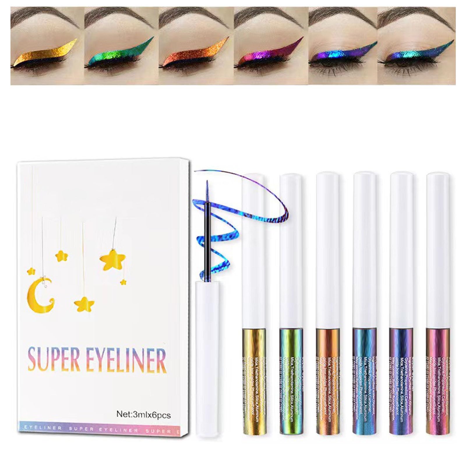 Waterproof Eyeliner Pen Pencil 6pcs Chameleon Set, Highly Pigmented Intense Color Purple-Blue Shifting Metallic Multi-Reflective Finish, Longwearing, Smudge-proof, Ultra-Fine Tip