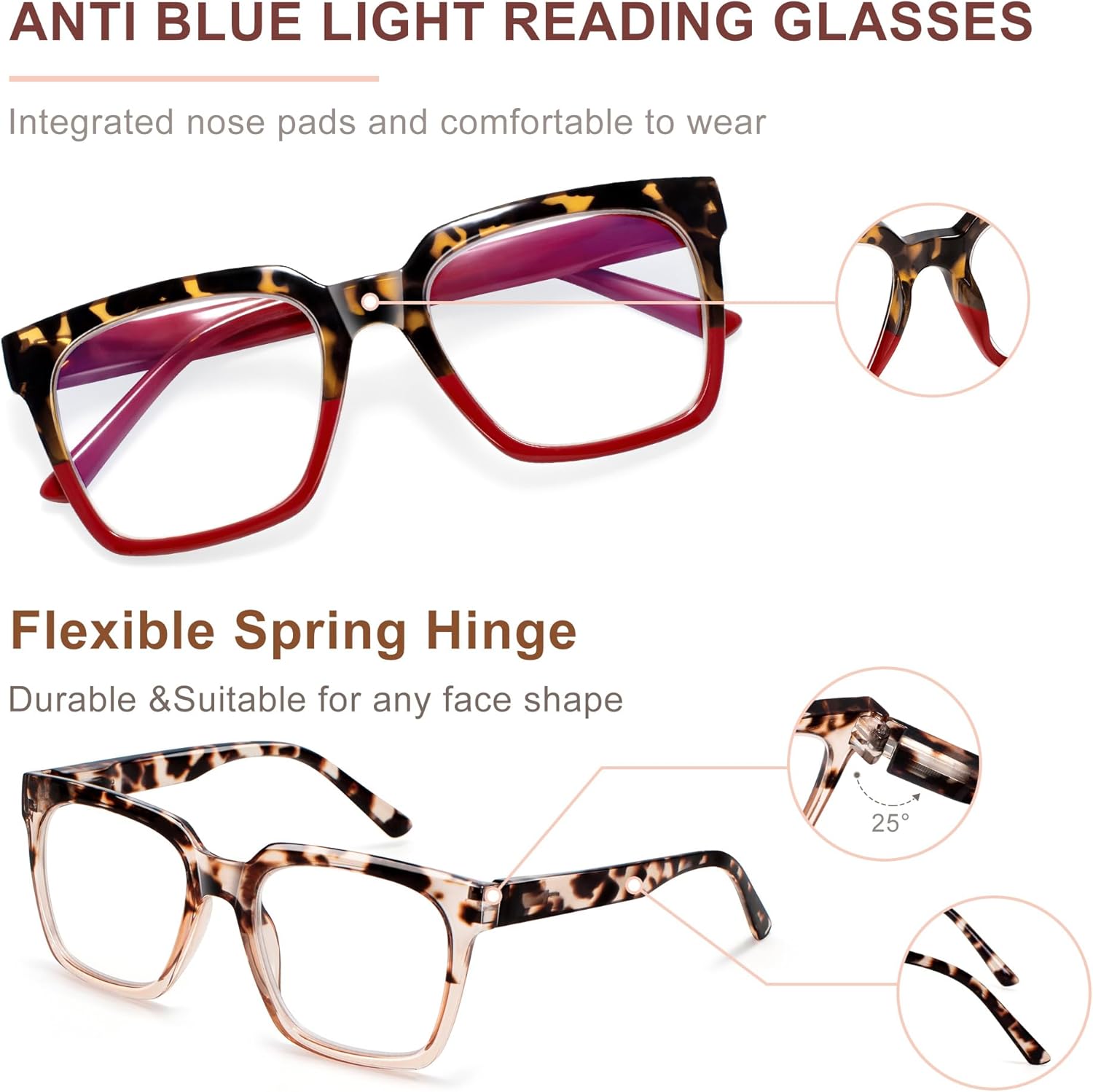 EASY READ 3 Pairs Reading Glasses for Women, Squre Computer Blue Light Blocking Anti UV Readers with Spring Hinge - Image 4