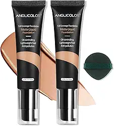 Anglicolor Base corretiva de controle de óleo fosco, 2 peças, maquiagem de base macia e duradoura à prova d'água, cobertura total, base de corretivo forte para pele oleosa com acne (2 peças, 105, 60
