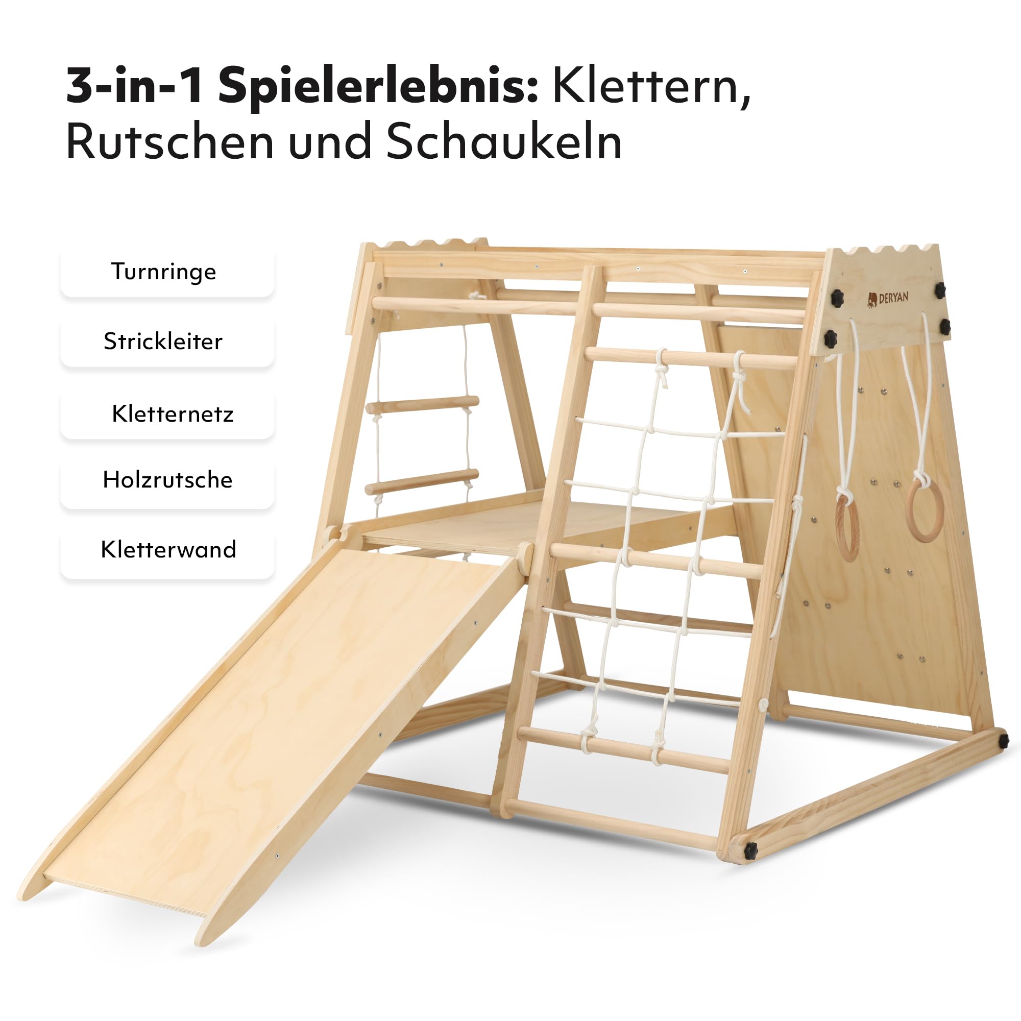 Deryan Klettergerüst für Kinder - Indoor Spielplatz mit Rutsche, Kletterwand, Kletternetz & Turnringe - Holz Kletterturm klappbar - Natur
