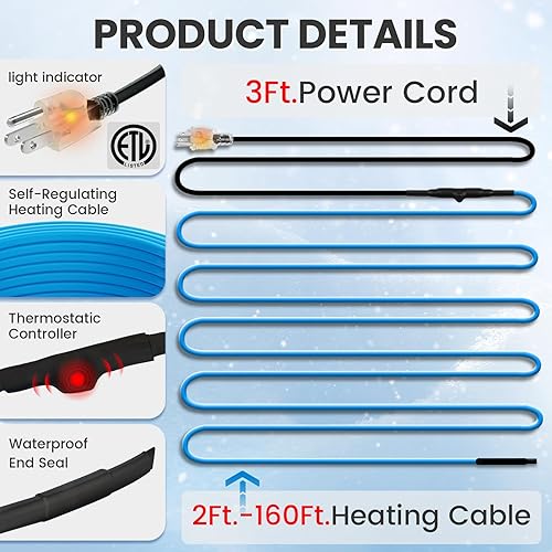 Miniatura 7 de MAXKOSKO Cable térmico de tubería de agua para protección contra la congelación de tuberías cable de calefacción autorregulador para tubos de metal