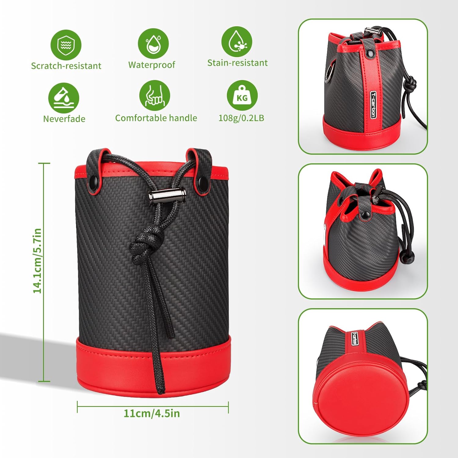 T-carbon Travel Gear Professional Valuables Golf Pouch;Bucket Waist Design Bag with Drawstrings;Carbon Fiber and Leather Golf Tee Bag for Glofers Men Women Very Practical RED