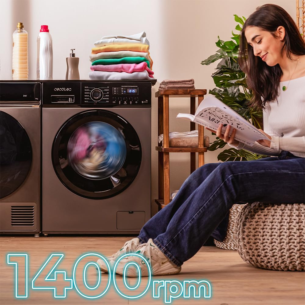 Cecotec Pralka 7 kg Obciążenie od przodu Bolero DressCode 7150 Inverter Steel A. Pralka 7 kg z silnikiem inwerterowym Plus 1400 obr/min, 12 programów, parą Max i wydajnością klasy A, wydajne i ciche