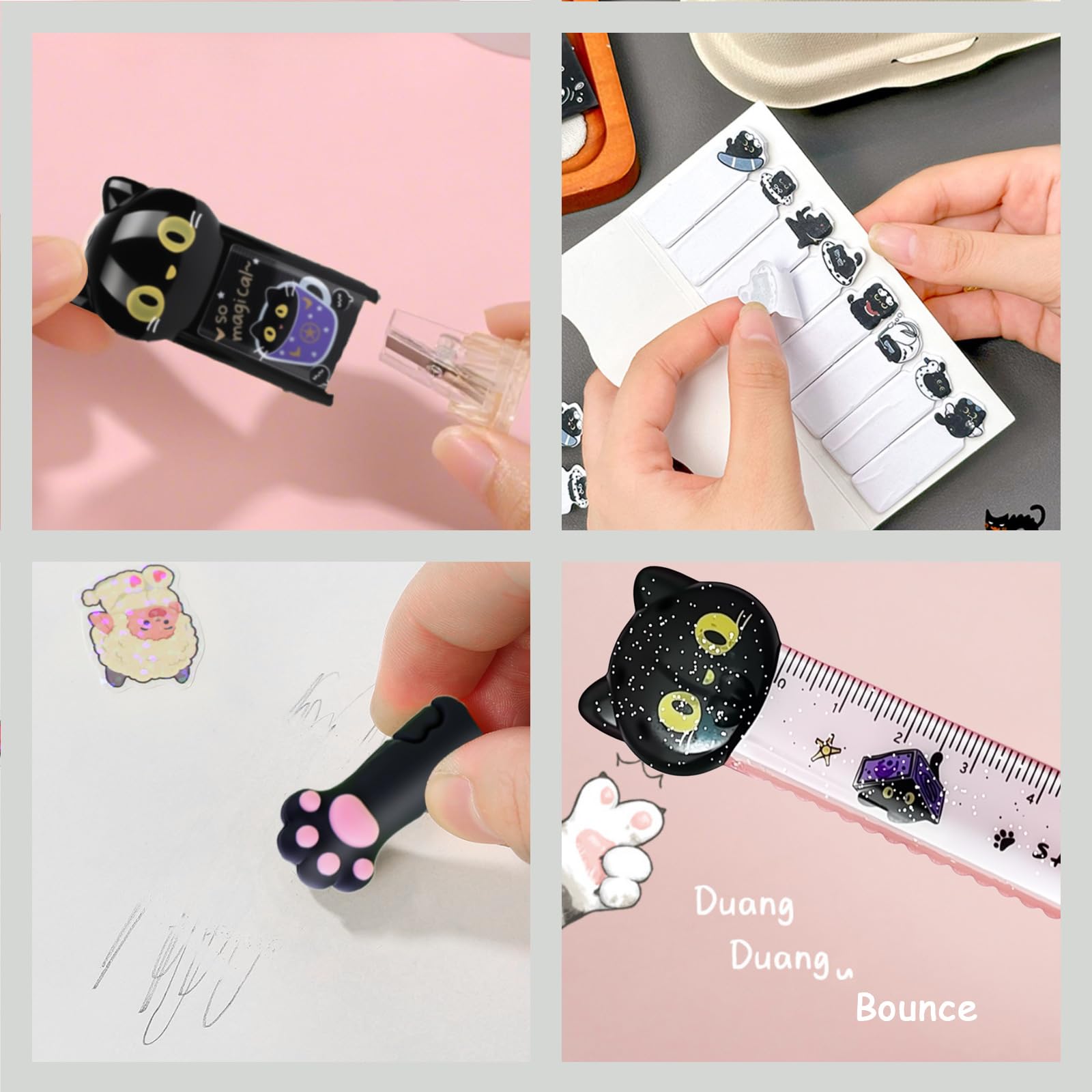 Juego de 10 piezas de papelería de gato negro, suministros escolares kawaii japoneses de papelería de cumpleaños, incluyendo bolígrafos, sacapuntas, resaltador, borrador, cinta correctora, regla para
