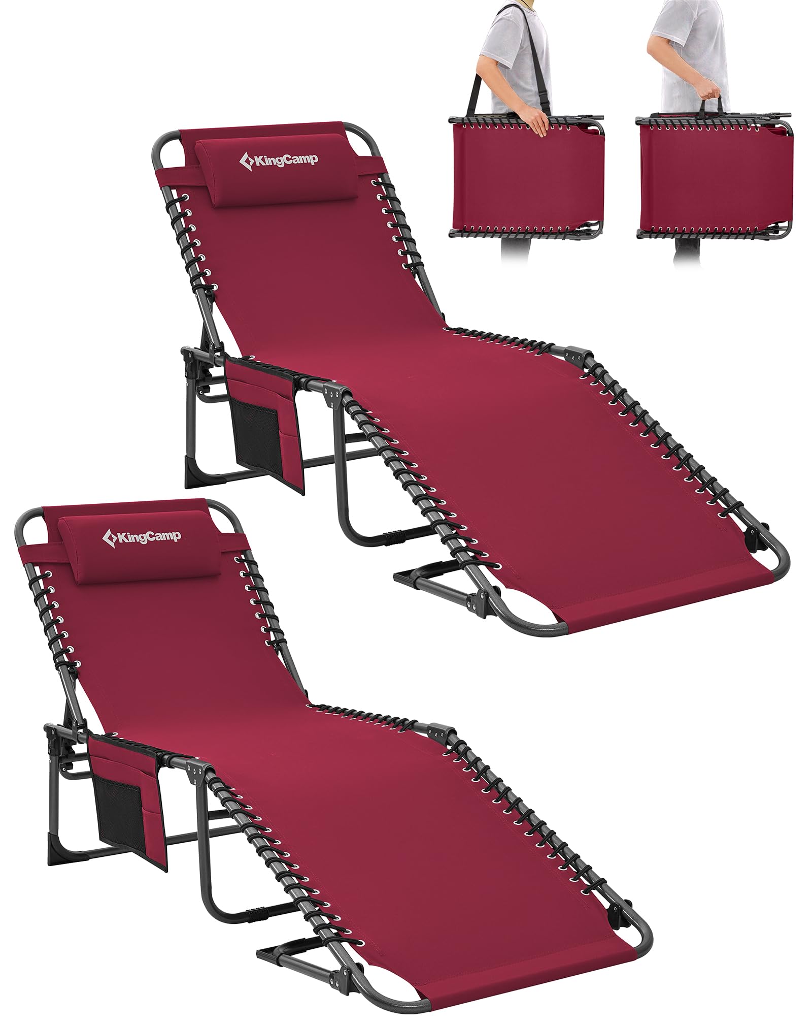 KingCamp Set of 2 Sun Lounger with 5-Position Adjustable Backrest, 180kg Heavy Duty Sun Loungers for Garden Camping Beach, Folding Portable Sunbed Guest Bed with Headrest, Side Pockets & Strap, Wine — image 1