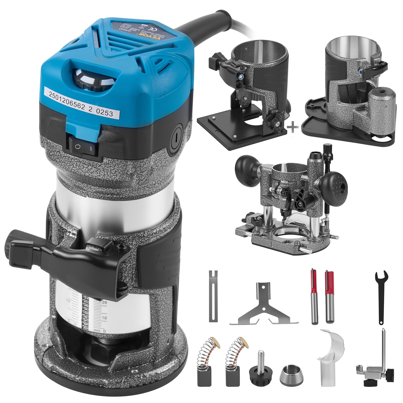 VEVOR Affleureuse Défonceuse 710W, 4 bases, vitesse variable