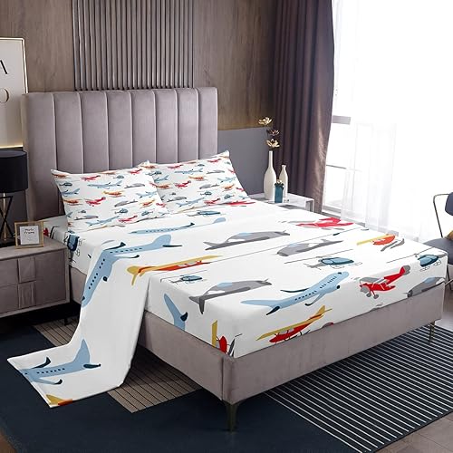 Feelyou Juego de sábanas de avión de dibujos animados, juego de ropa de cama con vehículos de carreras de aviones, sábana bajera ajustable blanca y disponible en Yaxa Venezuela