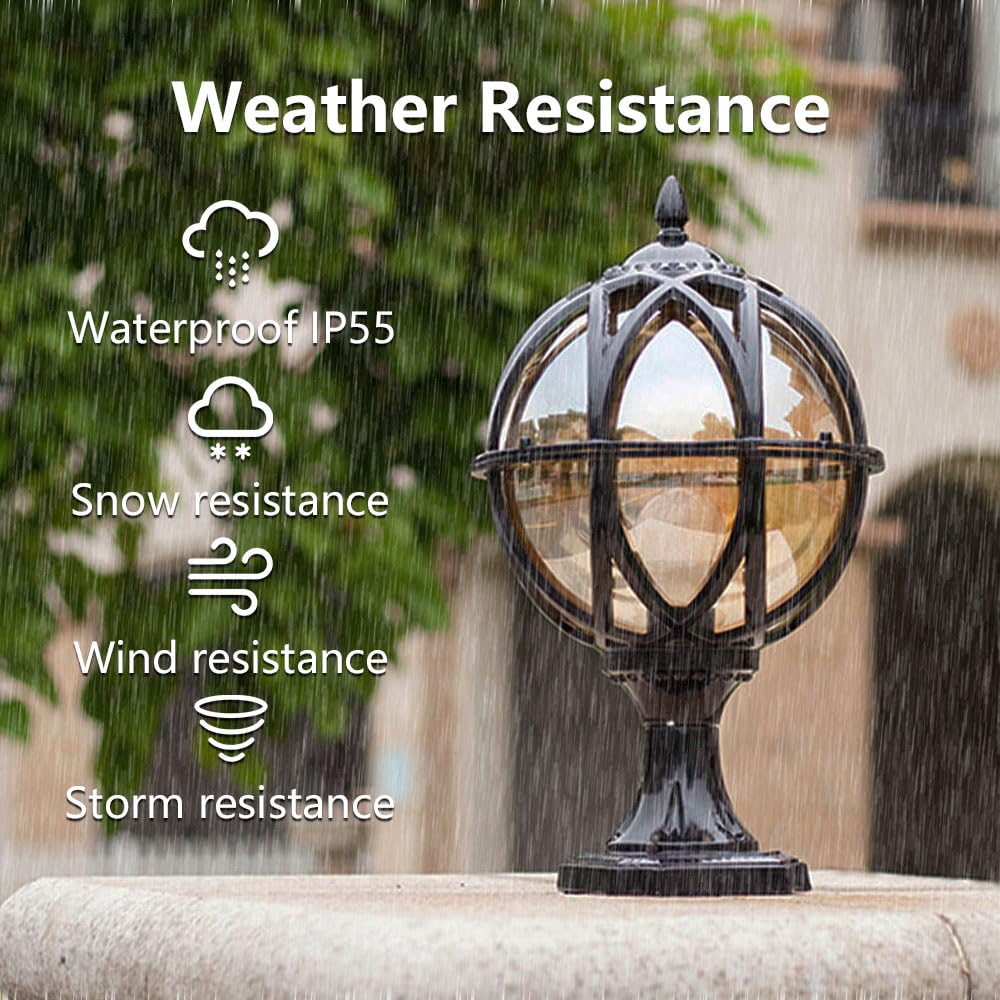 IBalody Outdoor Post Light Fixture Retro Amber Glass Ball Pillar Lights Waterproof Die-cast Aluminum Column Lamp Villa Courtyard Garden Park Doorpost Light Fence Light Landscape Lighting