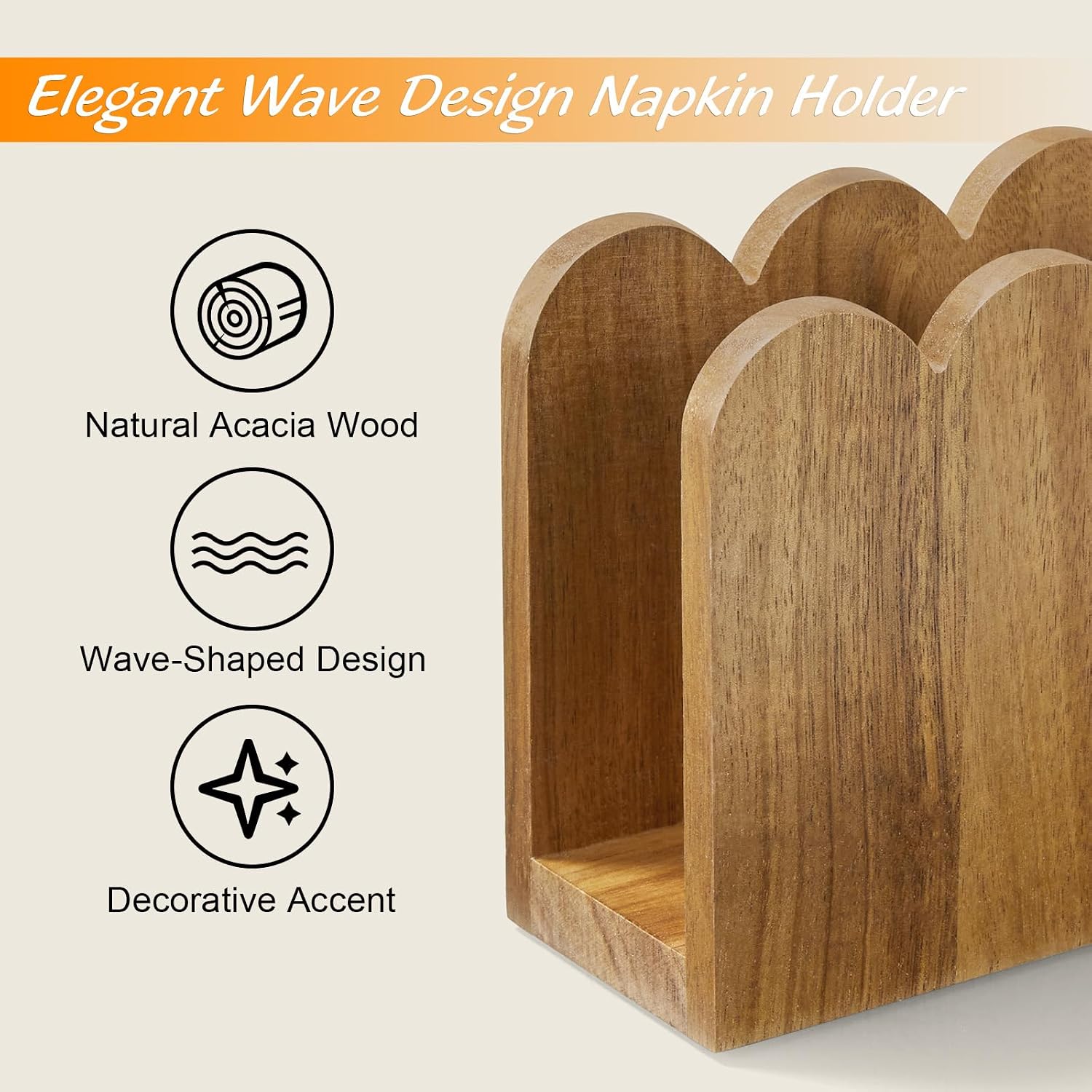 Acacia Wood Napkin Holder for Table, Scalloped Upright Wooden Napkin Dispenser, Countertop Paper Napkin Holder for Kitchen Dining Table Restaurant Party