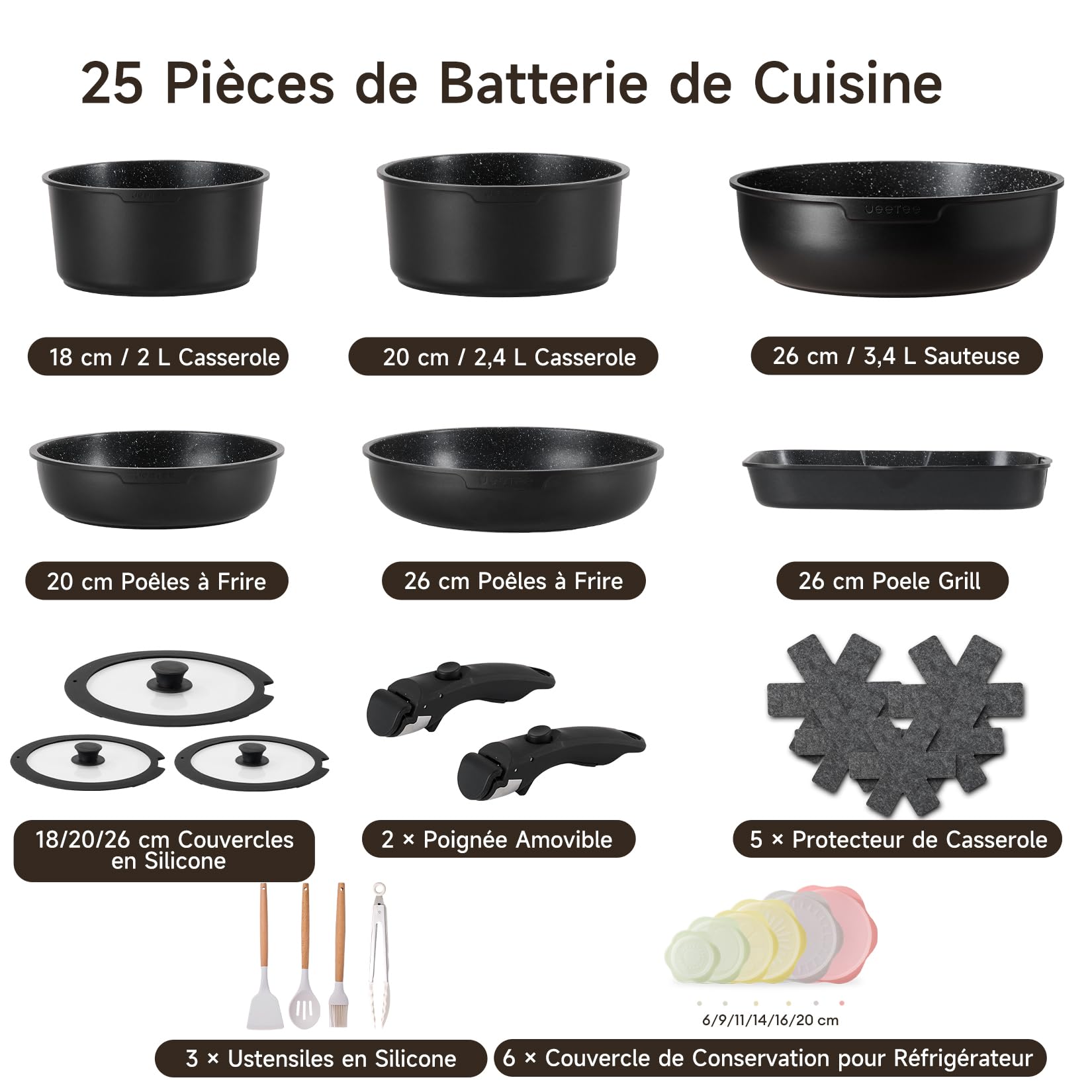 JEETEE Batterie de Cuisine 25 Pièces avec Poignées Amovibles pour Induction | Lot Casseroles et Poêles Antiadhésives, Sans PFOA, Batterie Cuisine Empilable Gain de Place pour Four, Camping et Tout Feux