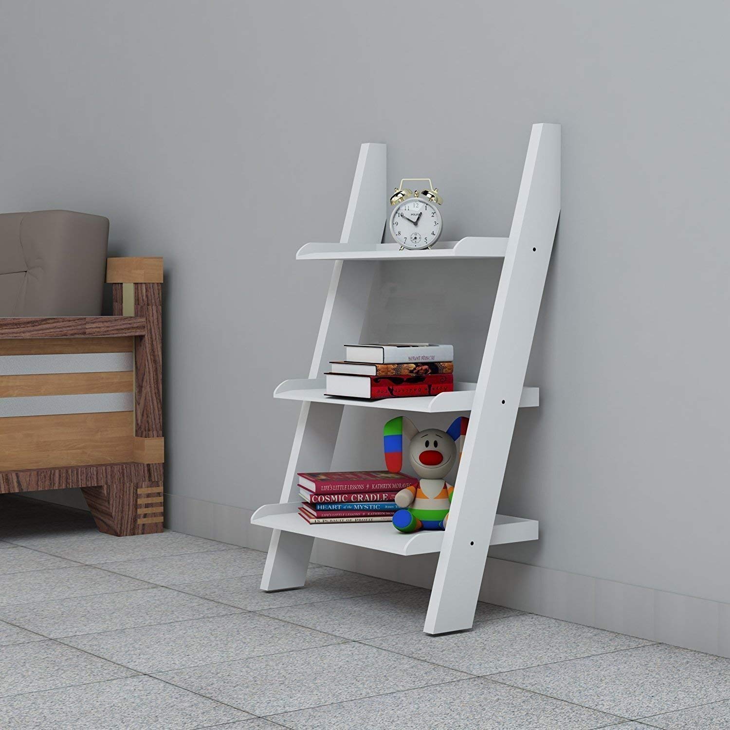 Sheesham Wood 3 Tier Ladder Book Shelf Books Almirah Stand Solid Wooden Books Rack Storage Furnitures for Home - White Finish-image-18