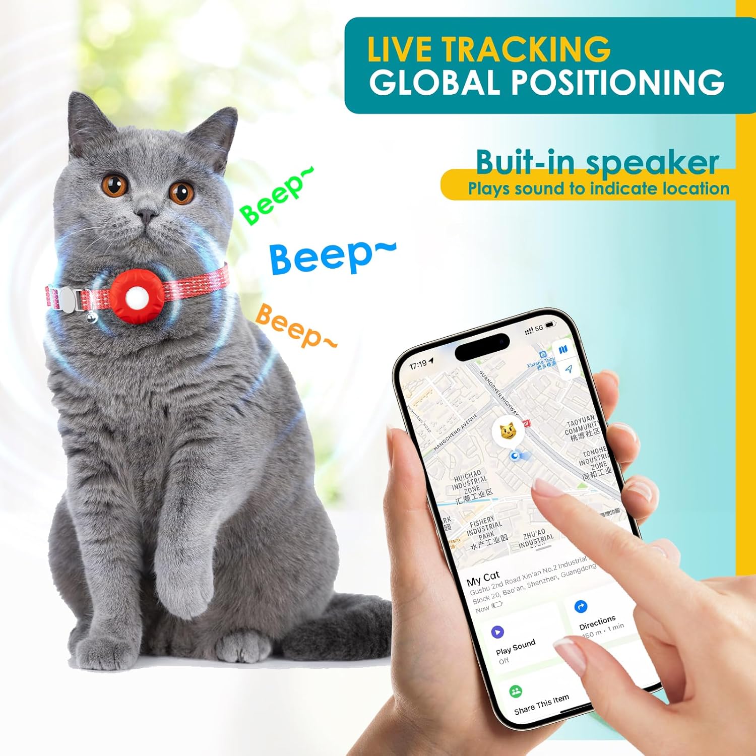 Cat Tracker, Lightweight Pet Tracker for Cats, GPS Tracker for Cats, Compatible with Apple Find My App(Only iOS), Real-Time Tracking, No Monthly Fee, Waterproof