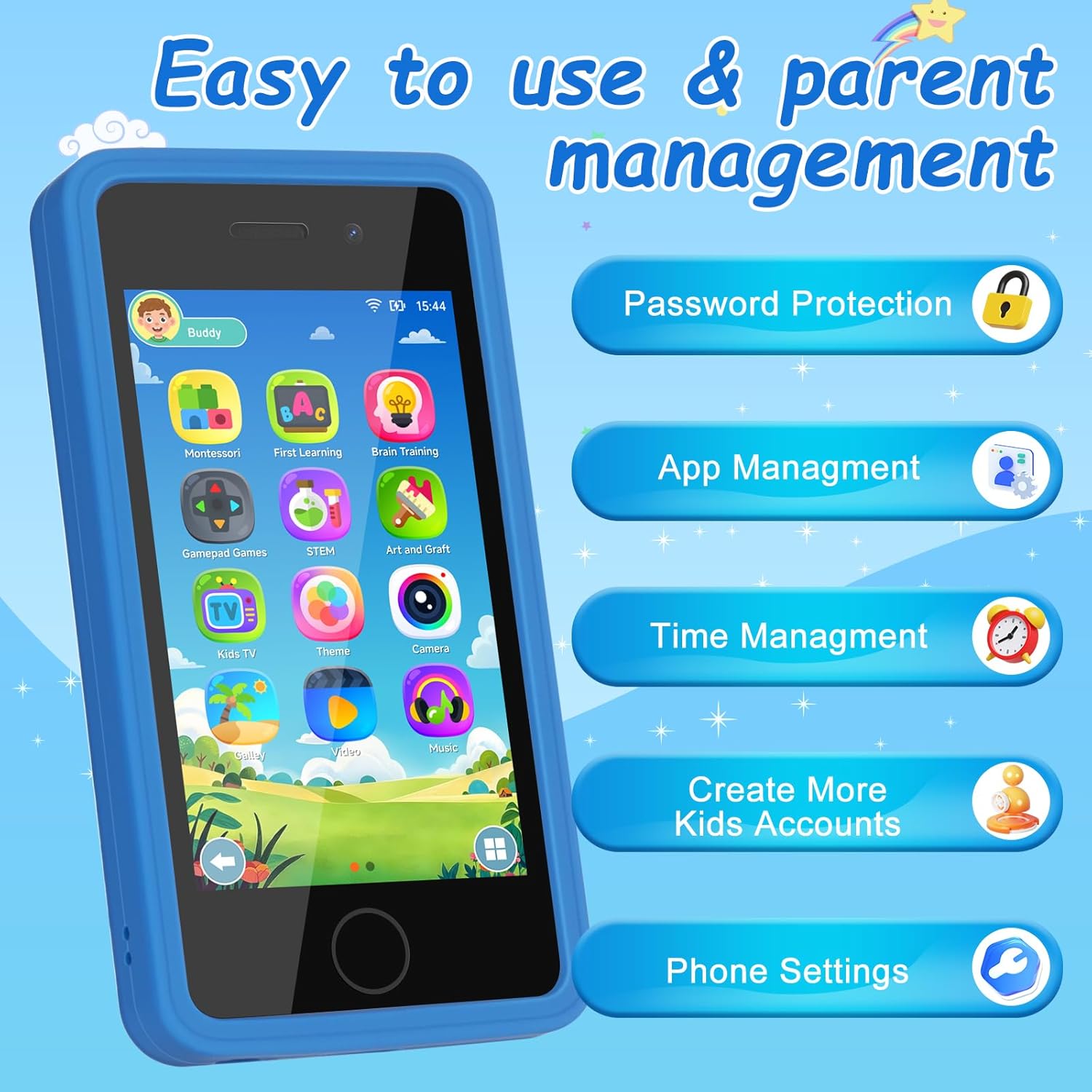 3.97 Touchscreen Kids Toys Smart Phone, Kids Phone with Games & Dual Camera, Toddler Toys Phone, Boys and Girls Learning Toy Phone for 3-9 Years Old (Blue)