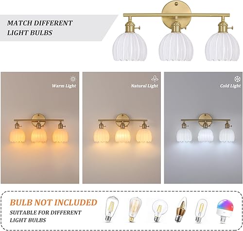 Miniatura 3 de Lámpara de baño, lámpara de pared de latón de 3 luces sobre espejo con pantalla de cristal de tulipán blanco para dormitorio, sala de estar