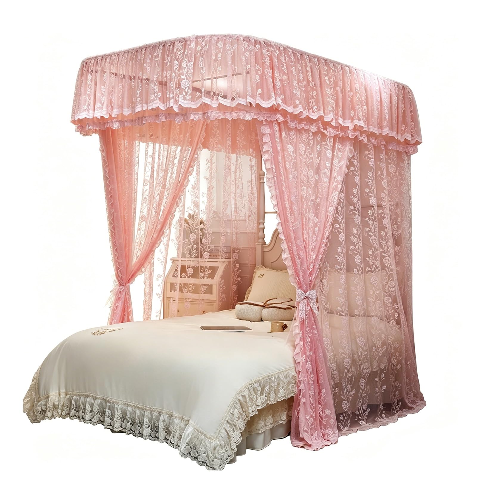 SARKEY Luxuriöses Bettmarkisennetz,4-Pfosten Prinzessinnen Betthimmel,Prinzessinnen-Betthimmel Mit Führungsschiene,Für Hochzeit,Schlafzimmer,Kinderzimmer,Dekoration(PK,150x200x210cm(59"x79"x83"))
