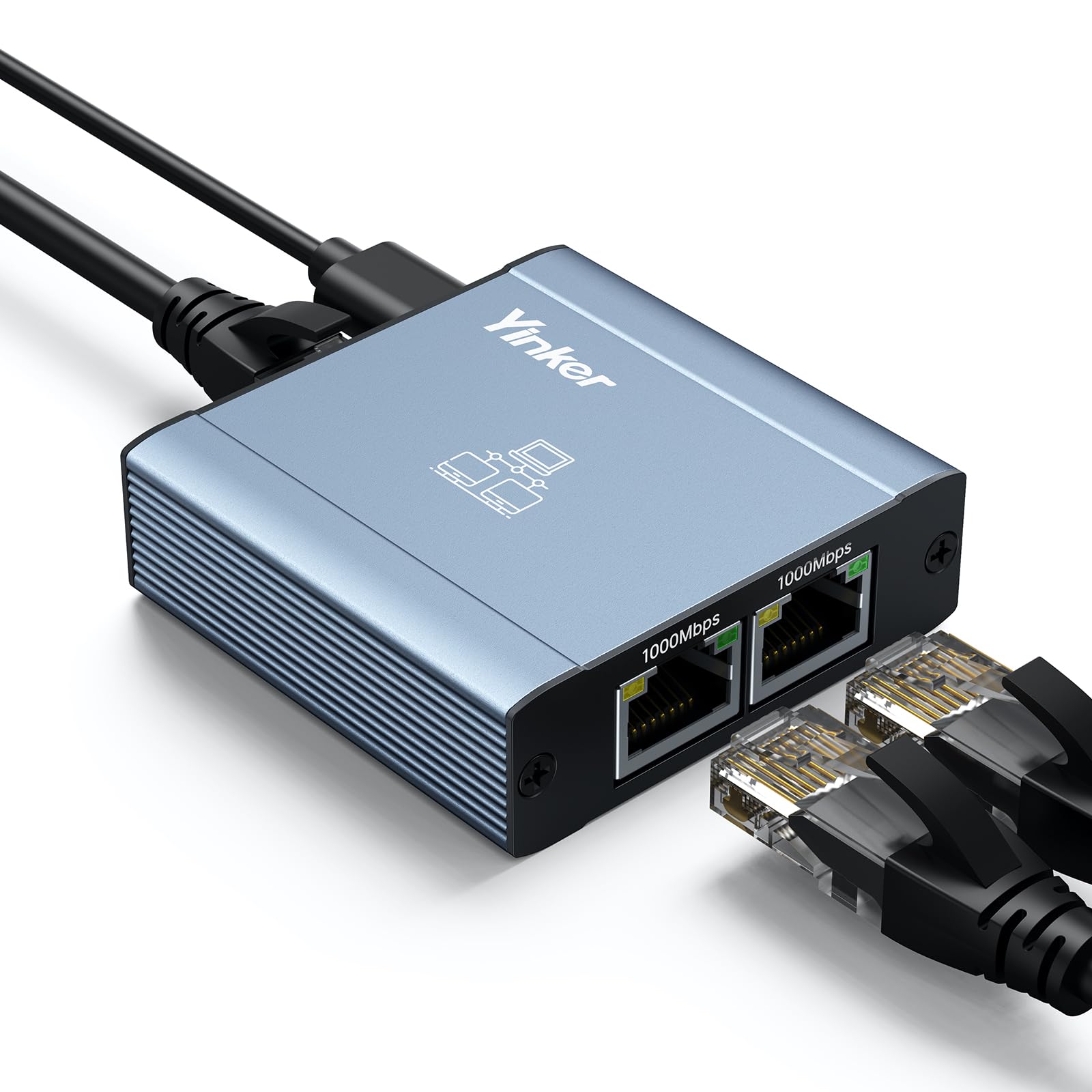 LAN Splitter Ethernet 1 auf 2, Yinker 1000Mbps LAN Netzwerk Splitter 2 Port RJ45 Verteiler mit USB Stromkabel für Computer Laptop Router Einrichtungsbox