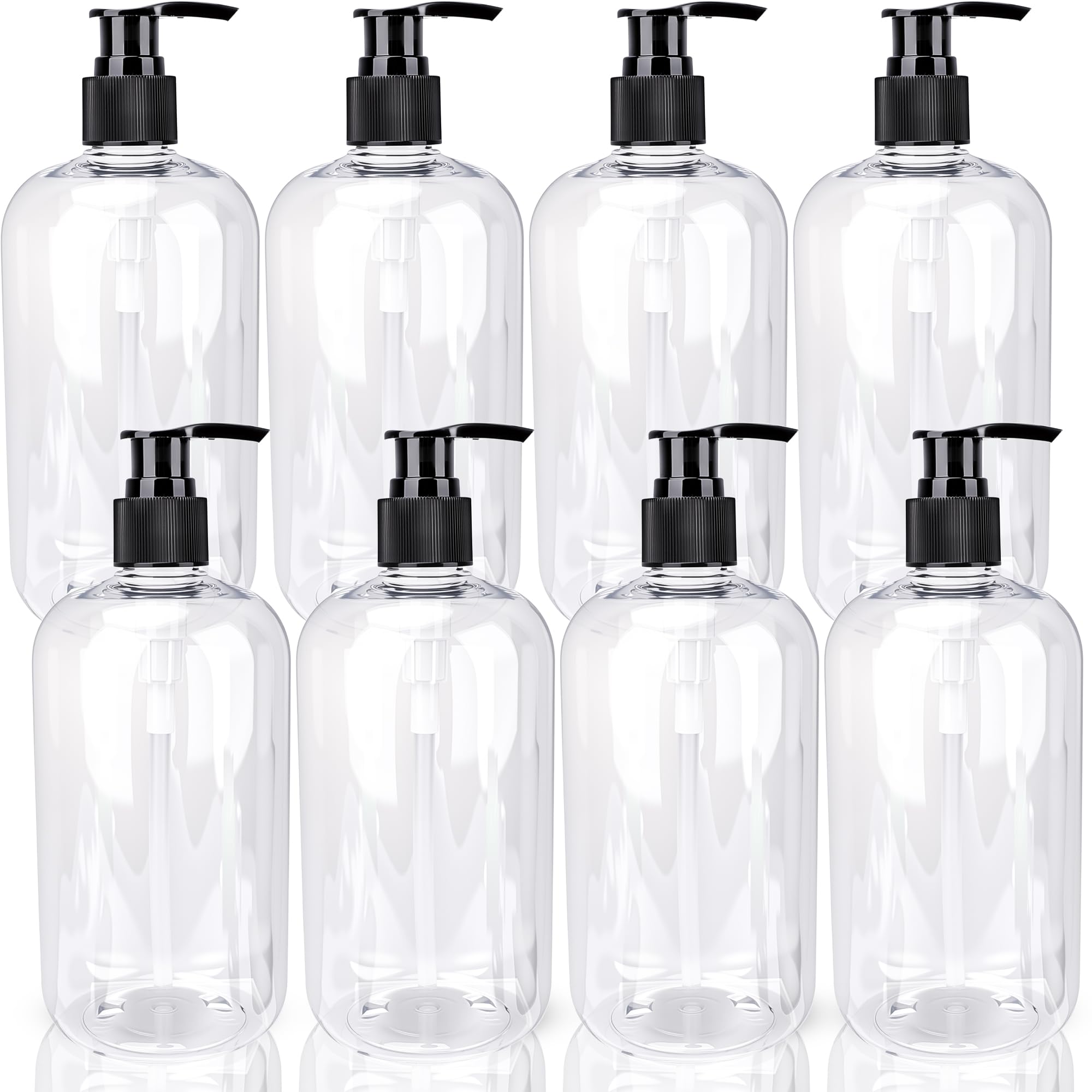 8 Pack 500ml Empty Pump Bottles Refillable Clear Soap Dispenser Bottles with Black Pump Round Shoulder Bottles for Lotion Shampoo Conditioner Hand Soap
