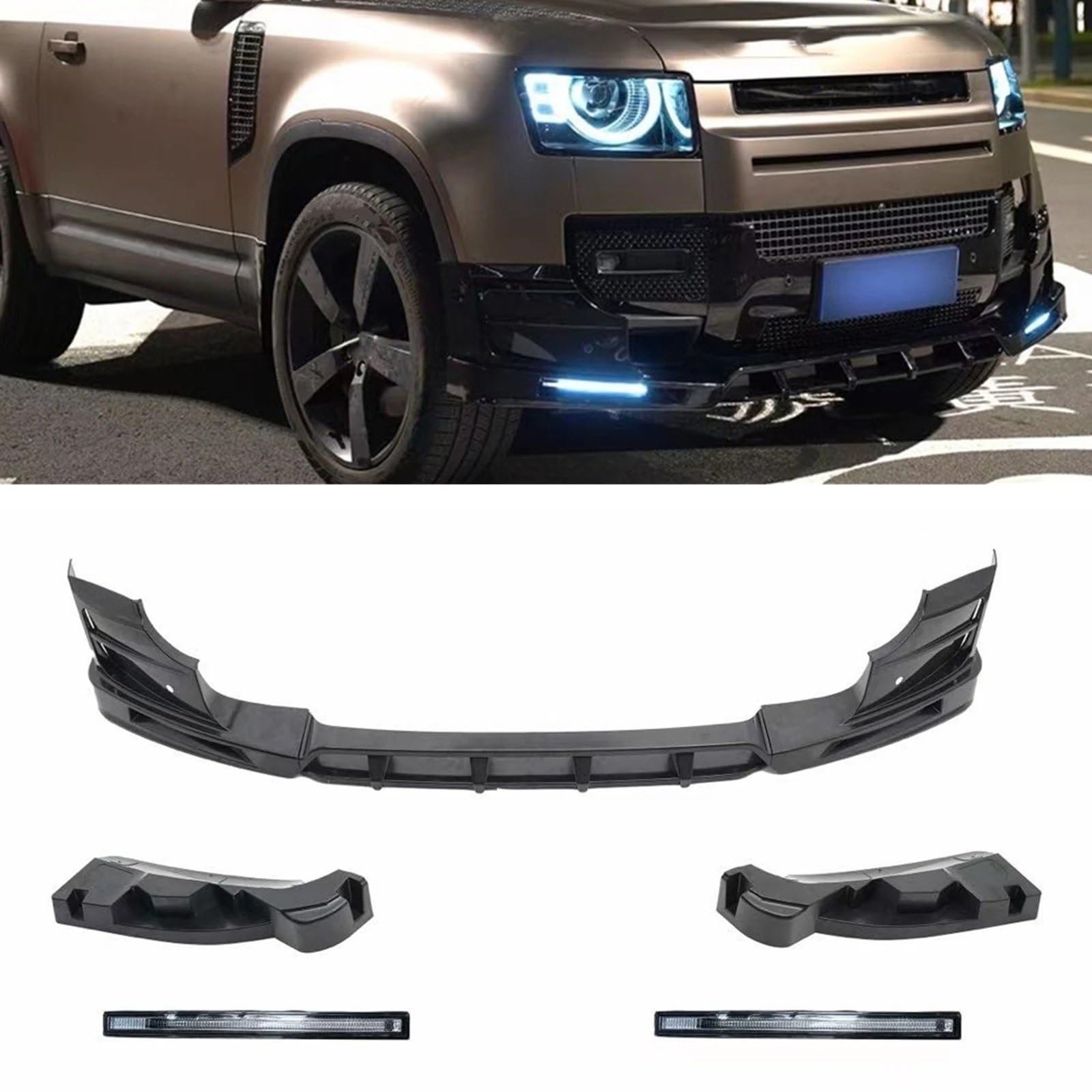 Para Land Para Rover Para Defender 2020-2024 Alerón Parachoques Delantero Labios Kit Cuchilla Divisora ​​inferior+Lámpara Luz Antiniebla trasero Difusor parachoques