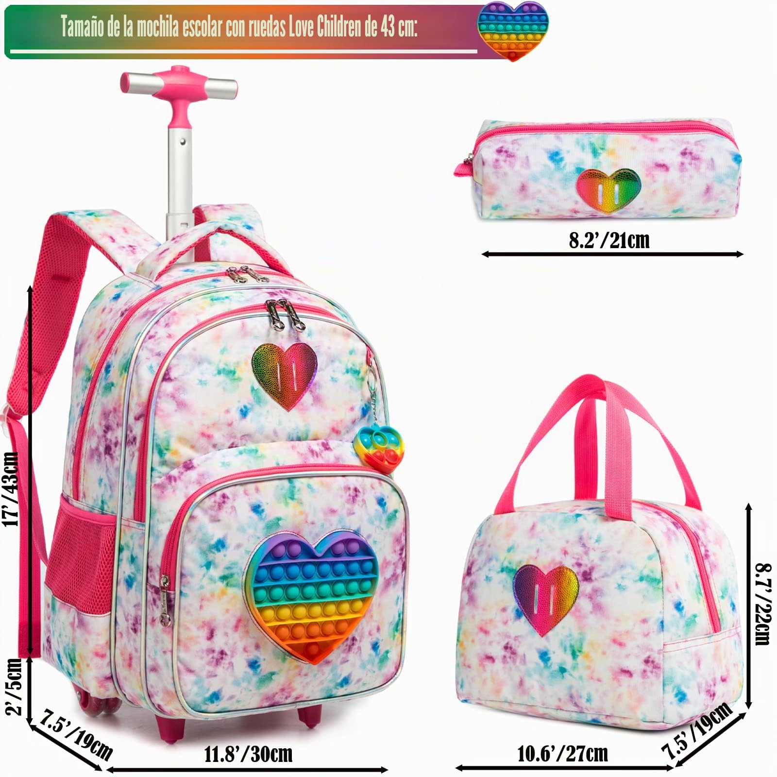 Mochilas Escolares con Ruedas Para Niñas,3PCS Mochila Carro Bolsa del Almuerzo y Estuche de Lápices Bolsos Escolares Para Chicas,17" Maleta Niños con Ruedas de Viaje Juguete de Love Mochila Para Niñas