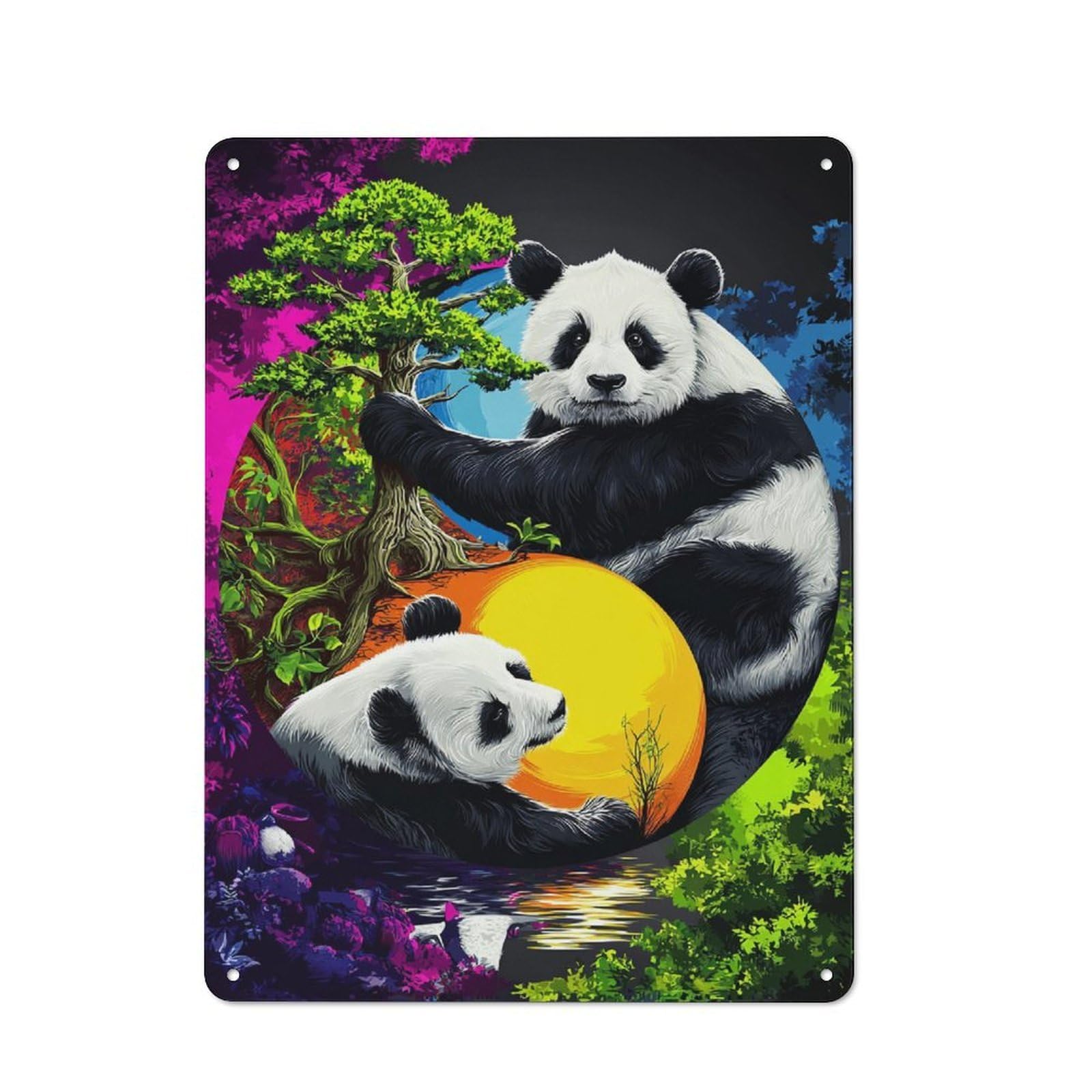 Junmoney Yin Yang Pandas Harmony In Nature Rustic Tin Sign 40X30cm, Vintage Porch Wall Decor For Conservatory, Home Bar Or Utility Room