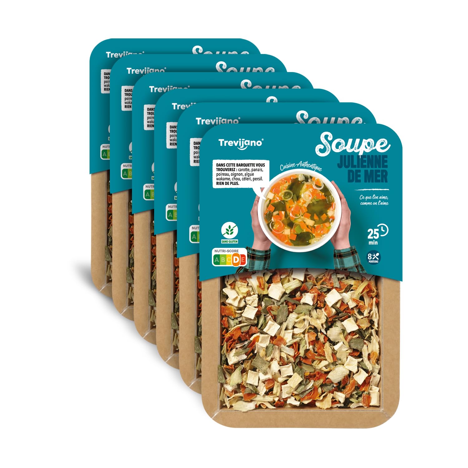 Trevijano Soupe Julienne de Mer: 6 barquettes de 100g chacune (600g de légumes déshydratés). Barquette: 8 portions de légumes: carotte, panais, poireau, algue wakame, oignon, chou,céleri et persil.