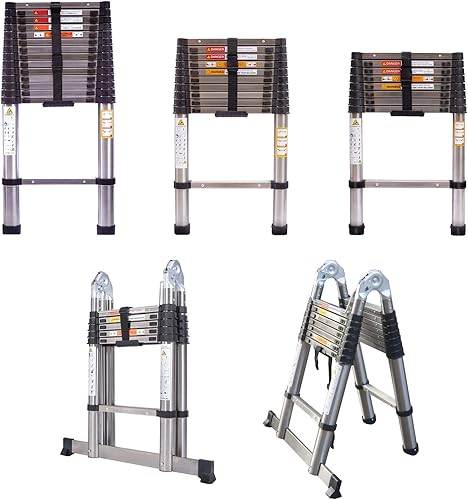 Vista 12 de Escalera telescópica de 16.5 pies, extensión de marco en A, portátil, de aluminio, telescópica, 16 escalones, con certificación EN131, carga de 330
