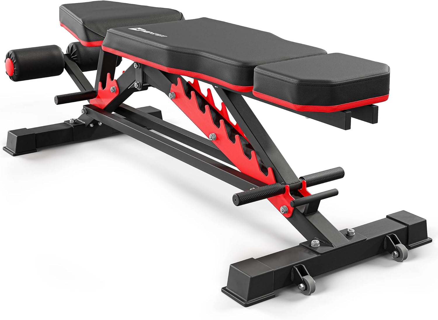 Man moving the weight bench using transport wheels