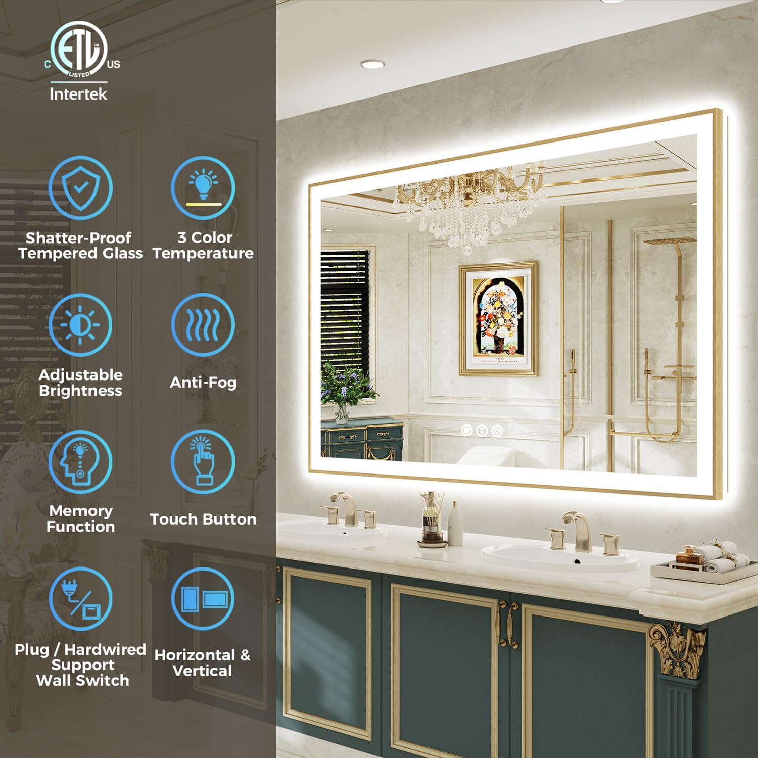 84x40 Inch LED Bathroom Mirror with Lights (Front Lit and Backlit) Gold Framed Lighted Vanity Mirror for Bathroom Wall Dimmable Anti-Fog Memory Tempered Glass Horizontal/Vertical